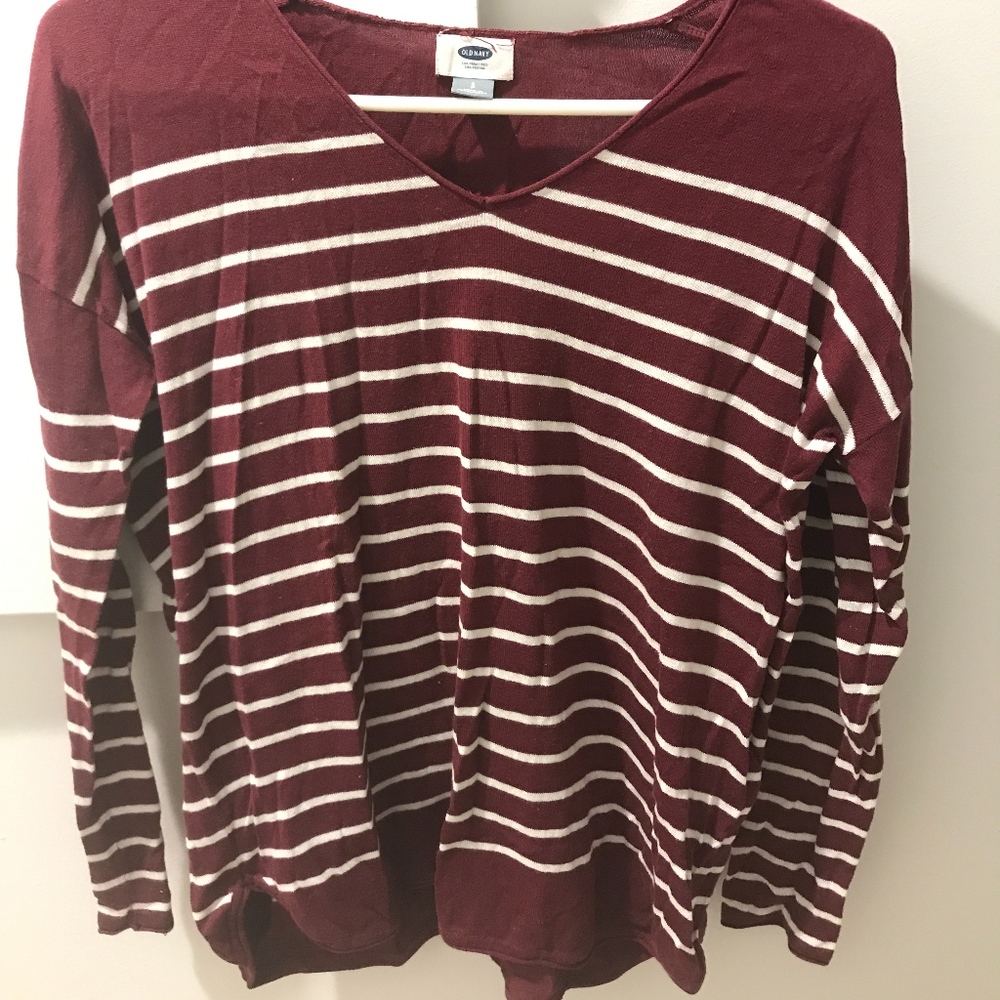 Long sleeve maroon and white striped sweater